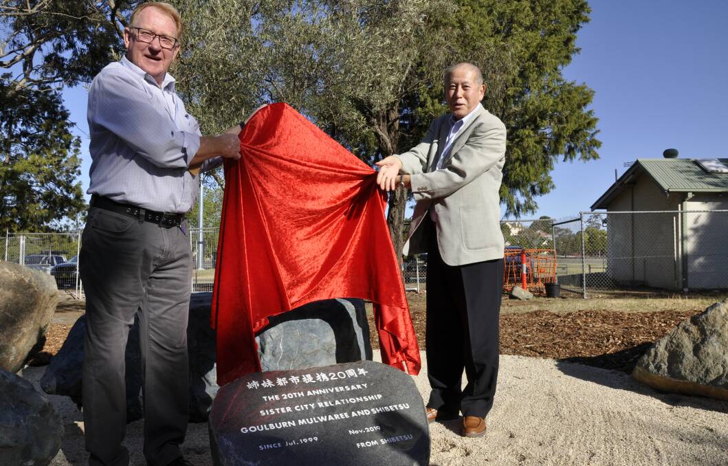 In 2019, the mayors of Goulburn Mulwaree and Shibetsu, Bob Kirk and Yuji Makino, unveiled a plaque in Victoria Park recognising the 20-year sister-city relationship. Picture by Louise Thrower.