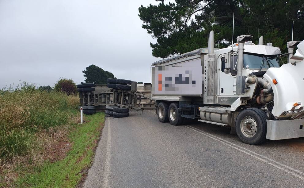A truck's trailer rolled on the Taralga Road on Saturday morning, some 500 metres from Taralga. Picture by Taralga RFS. (Image pixelised).
