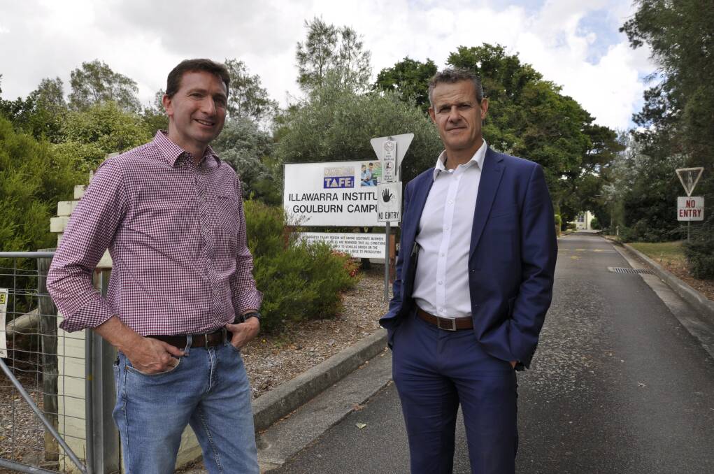 Goulburn Labor candidate, Michael Pilbrow, and shadow minister for skills and TAFE, Tim Crakanthorp, visited Goulburn TAFE campus on Wednesday. They say they will rebuild the sector. Picture by Louise Thrower.