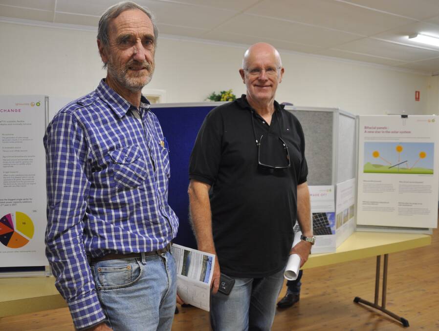 The Goulburn Group's vice-president, Mike Steketee and president, Urs Walterlin at solar farm developer, Lightsource BP's community information sessions in March. Picture by Louise Thrower.