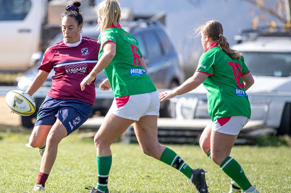 Goulburn Rugby Clubs highest scoring womens player Ashley Kara in action against the Jindabyne Miss Piggies. Picture by Peter Oliver.
