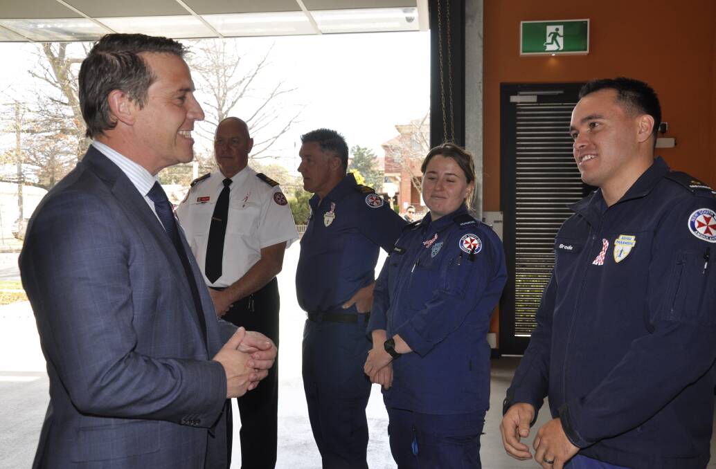 Health minister, Ryan Park, meets Goulburn paramedics, including Brodie Mason, during his visit. Picture by Louise Thrower.