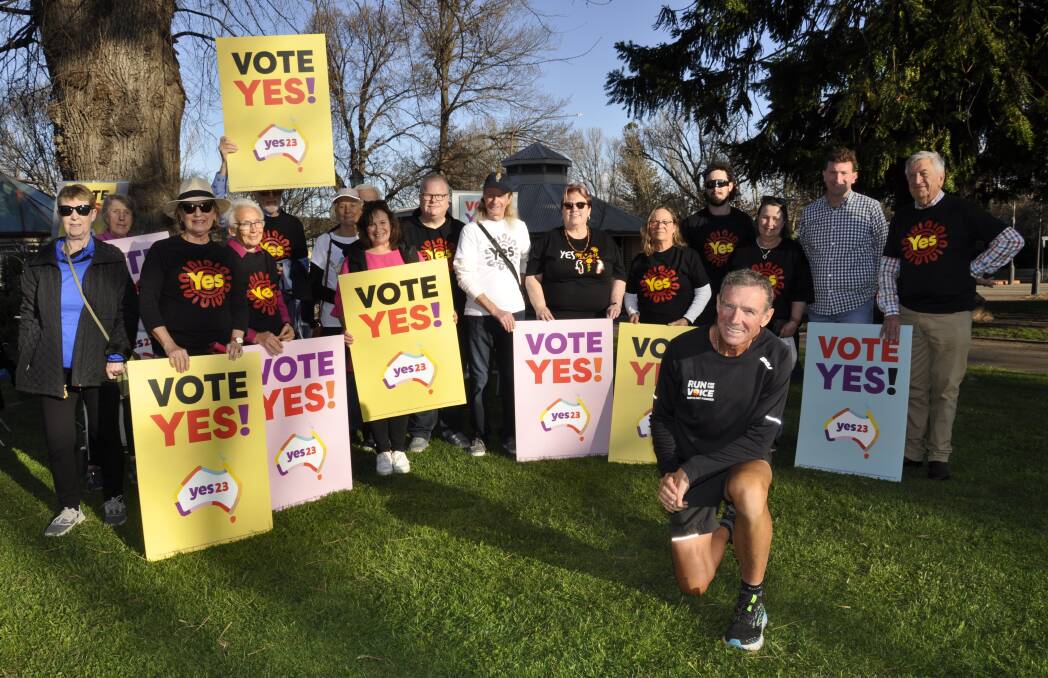 Pat Farmer is running around Australia in support of a 'yes' vote at the Voice referendum later this year. He spoke in Goulburn's Belmore Park on Saturday. Picture by Louise Thrower.