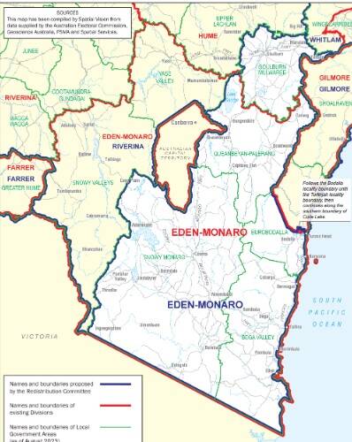 The proposed new seat of Eden Monaro (shown in blue) would take in Goulburn Mulwaree, Bega Valley Shire, Queanbeyan Palerang, Snowy Monaro and part of the Eurobodalla Council areas. Map supplied. 