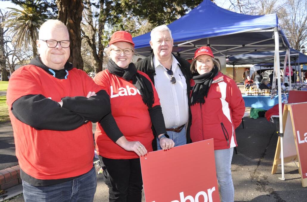 Four of the five members on the Labor ticket for Goulburn Mulwaree Council's election, Cr Jason Shepherd, Liz McKeon, Jim Corbett and Anna Wurth Crawford were at the Rotary markets on Saturday. Danielle Marsden-Ballard is also on the ticket. Picture by Louise Thrower.