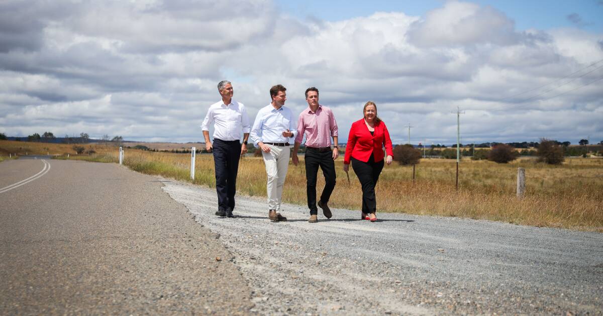 Labor opposition leader Chris Minns (third left), shadow roads minister John Graham (left), Labor candidate, Michael Pilbrow and shadow regional transport and roads minister, Jenny Aitchison at Windellama Road on Friday. Picture supplied.