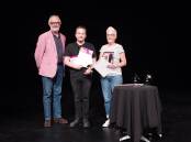 Mark Bradbury (left) and former Goulburn Performing Arts Centre manager, Raina Savage (right) presented a One Act Wonders category to Lieder Theeatre director, Blake Selmes at the 2023 Festival of Regional Theatre. Picture supplied.