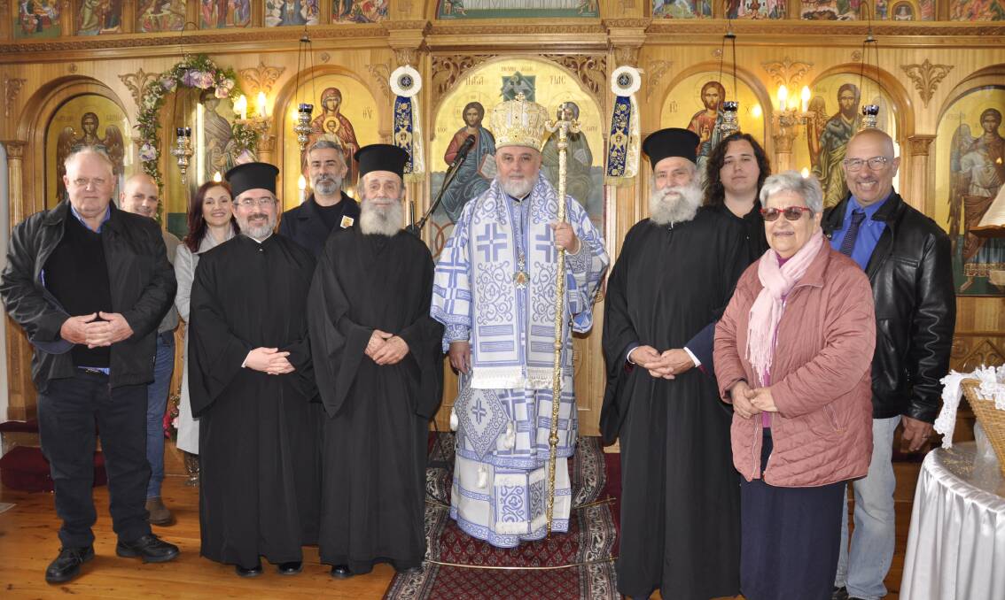 Greek Orthodox Bishop Iakovos of Miletoupolis celebrated the Saint Panteleimon's Day service in Goulburn on Saturday. He is with Father George Liangos of Belmore church, Goulburn parish priest Father Kyriakos, Father Iakovis from Queanbeyan parish and Goulburn Greek Orthodox Church committee members. Picture by Louise Thrower. 