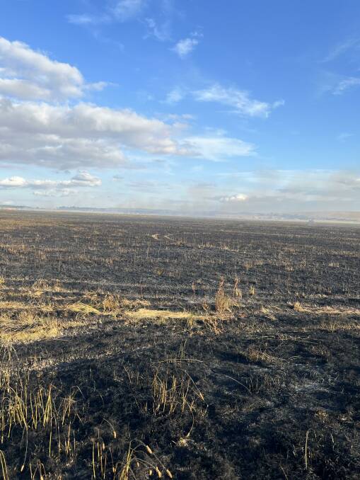 The fire burnt through phalaris grass in paddocks off the old Hume Highway. Picture by RFS.