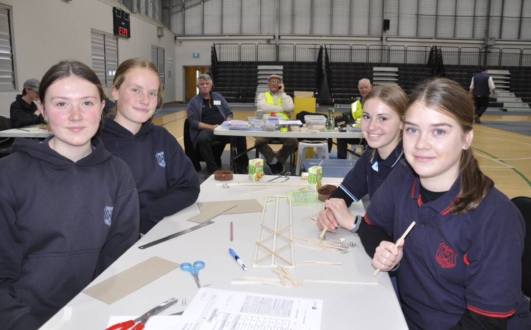 Yass High School Year 9 students Cassie Hansson, Isabella Frean, Makayla Langfield and Emily Luff were eager participants at Goulburn Rotary's 2022 Science and Engineering Challenge. Picture by Louise Thrower. 
