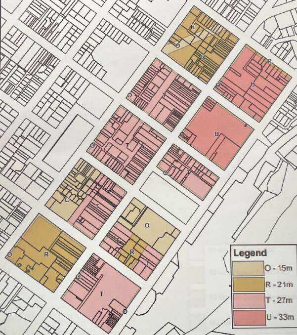 A mix of building heights ranging from 15 metres (light brown) to 33m (dark pink) are proposed throughout Goulburn's CBD and surrounds. Picture supplied.