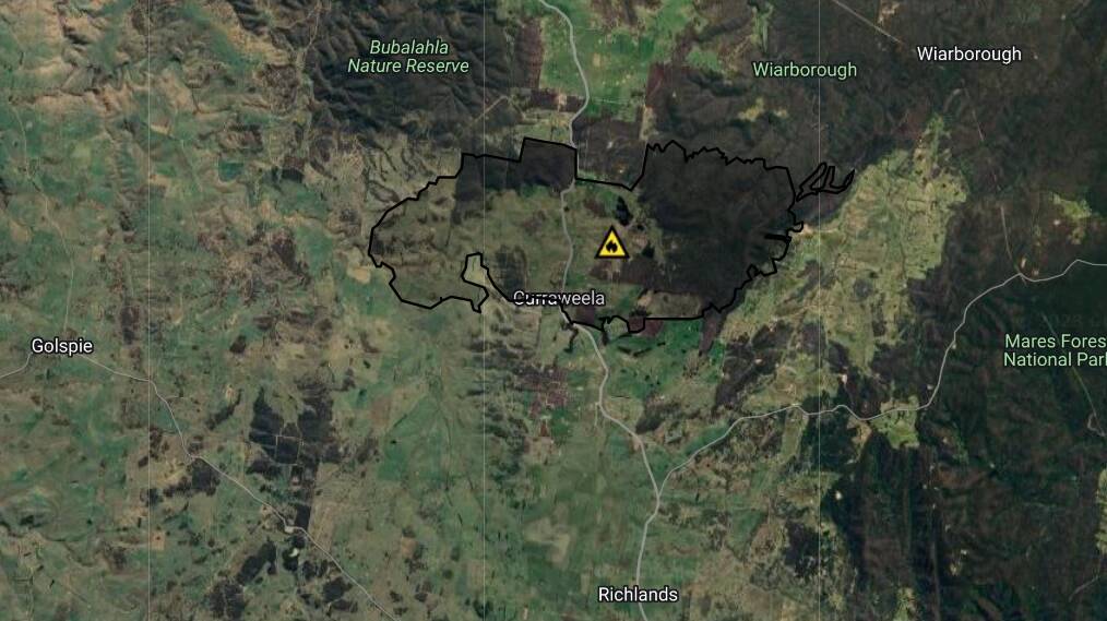The northeastern (top right of black area) and southeaster sectors of the Curraweela fire are key areas of concern on Saturday. Image: RFS.