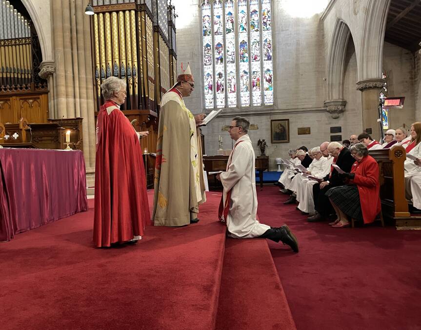 Anglican Bishop of Canberra/Goulburn, Dr Mark Short installed Gavin Krebs as the eighth dean of Saint Saviour's Cathedral, watched by Canon Anne Wentzel. Picture by Louise Thrower. 
