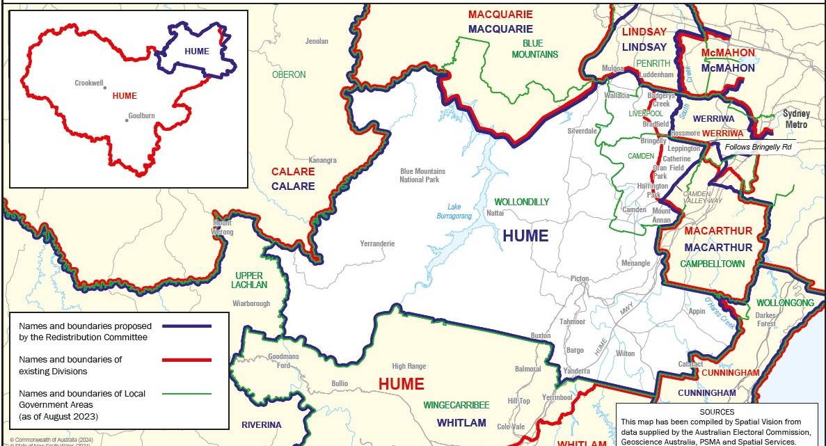 The proposed redistribution oh Hume moves the electorate north, taking in parts of Camden, Wollondilly, Penrith and Liverpool council areas. Map sourced.