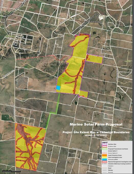 Update mapping for the Merino Solar Farm has been released. A substation, marked in blue is planned for stage one (above) south of Goulburn airport between Windellama and Braidwood Roads. Stage two (below) is off Painters Lane. Image supplied. 