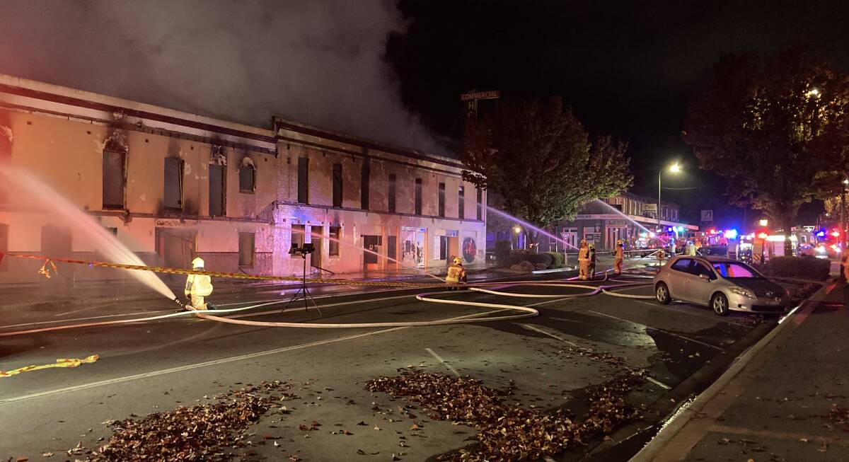 Fire crews attacked an early morning fire at the old Commercial Hotel in Yass early on Monday. Picture by Southern Tablelands RFS.