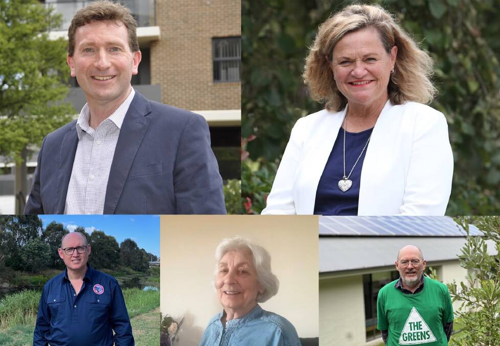 Clockwise: Labor's Michael Pilbrow, Liberal Wendy Tuckerman, The Greens' Gregory-John Olsen, Sustainable Australia Party's Margaret Logan and Shooters, Fishers, Farmers candidate Andy Wood are contesting the seat of Goulburn. 
