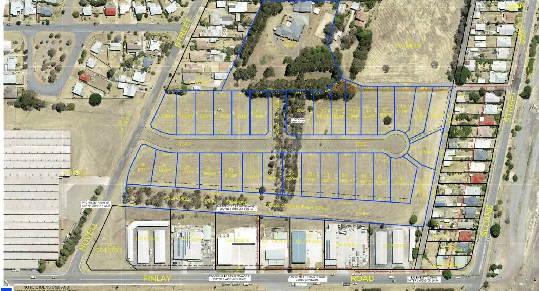 The land in Hovell Street has an approved 29-lot residential subdivision in place with two residual blocks, one of them a public reserve. Finlay Road is at the bottom of plan. Image sourced.