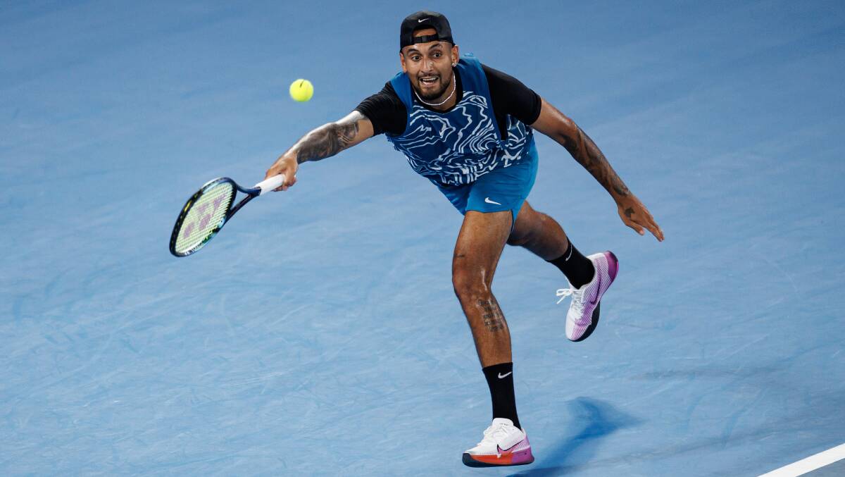 Nick Kyrgioshits a shot during an exhibition practice match against Novak Djokovic on Rod Laver Arena at Melbourne Park. Picture by Mike Frey-USA TODAY Sports/Sipa USA/AAP Image