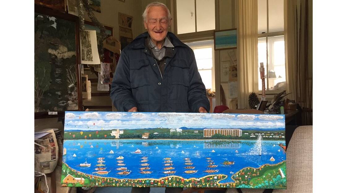 Braidwood's Jack Featherstone with his painting of Lake Burley Griffin commissioned for a past contour 556 art festival in Canberra. Picture supplied 