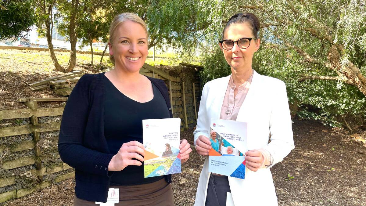 General manager of corporate services and products Sarah Galton and executive director of operations Fiona Renshaw with the new Southern NSW Local Health District surgery guides. Picture supplied. 
