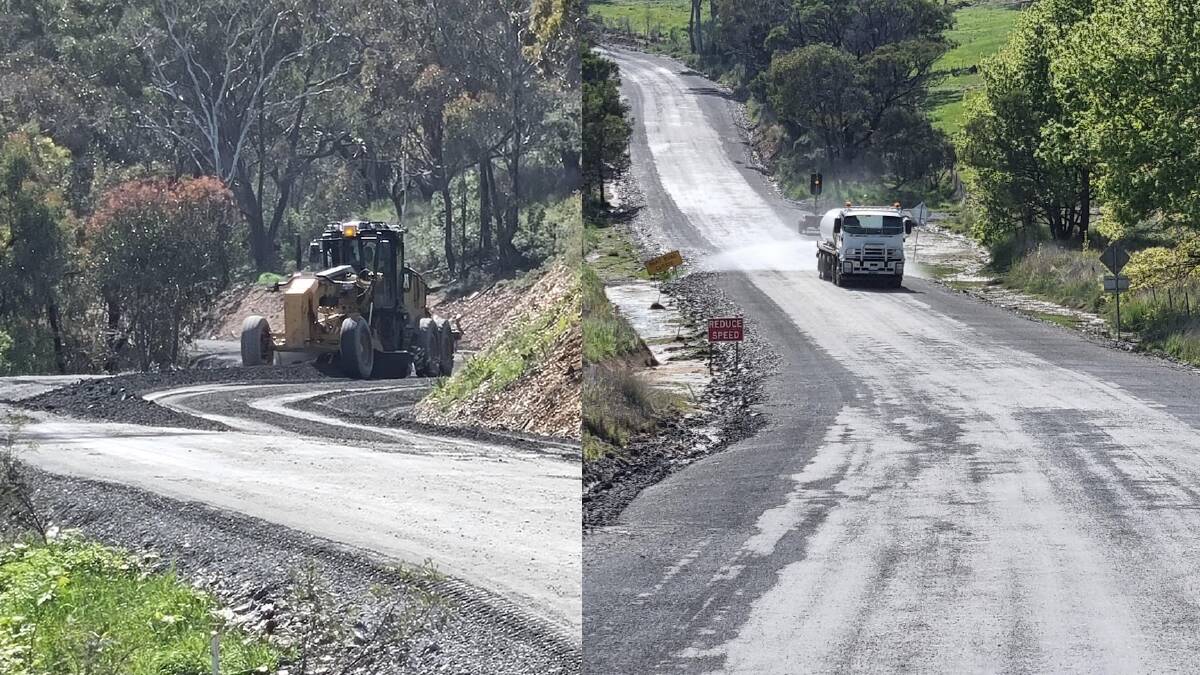 Roadworks have resumed on a stretch of Gurrundah Road at Friar's Hill. Pictures supplied.