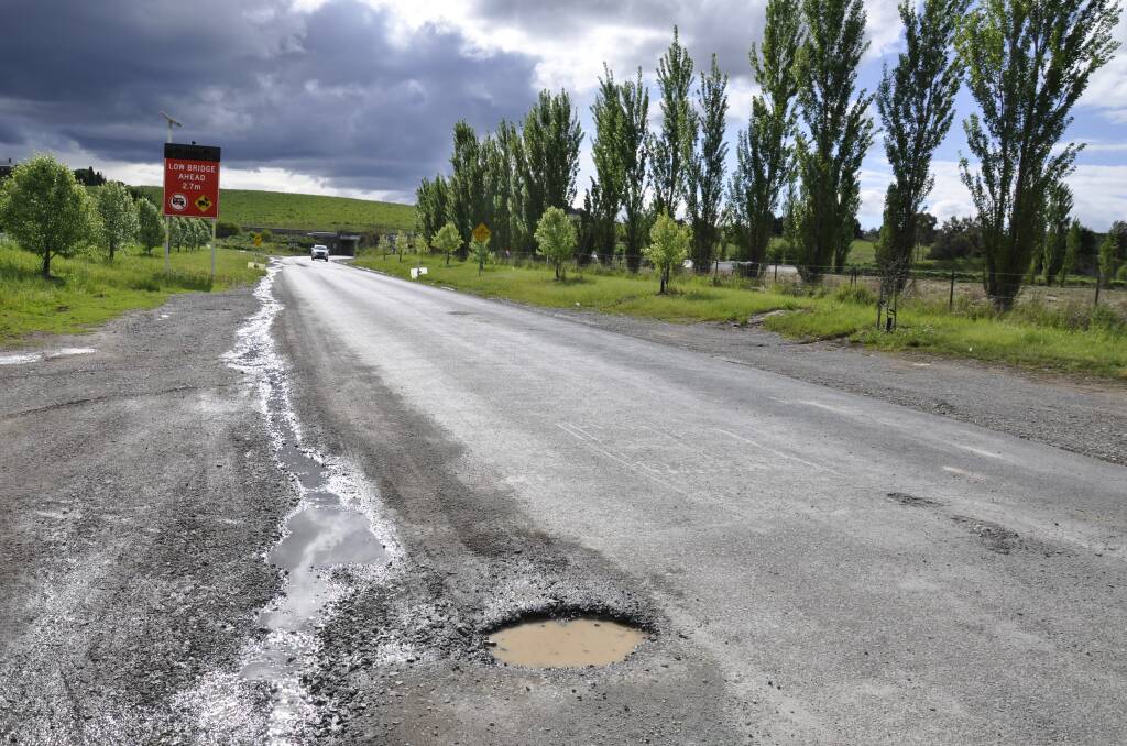 A pothole on Garroorigang Road, just off Braidwood Road, leading into Goulburn. Picture by Louise Thrower. 