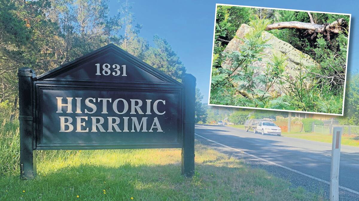 Not far from this sign on the outskirts of Berrima is the historic rock, inset, which marks the death of a man in 1837. Pictures by Tim the Yowie Man, David Moore