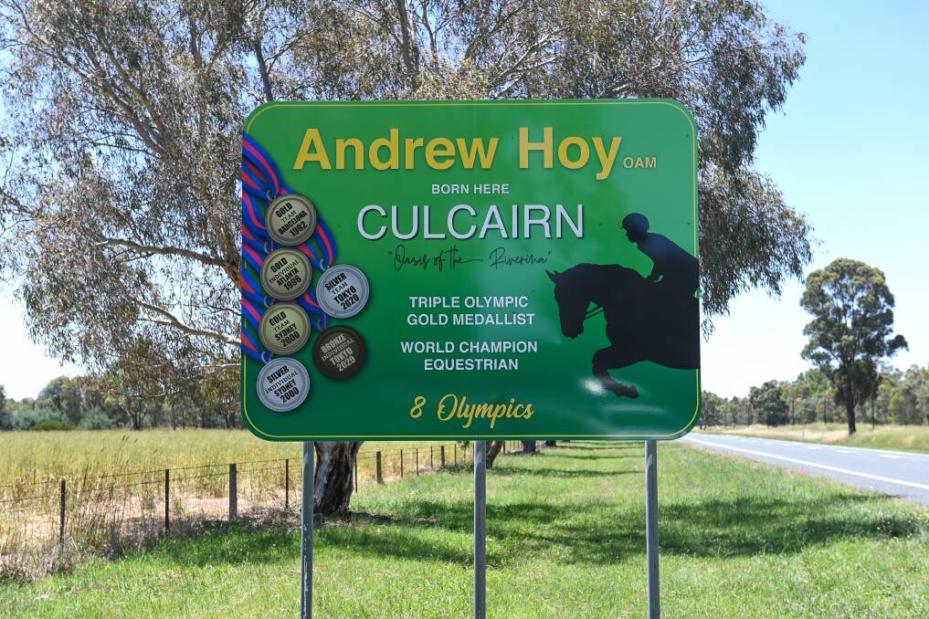 The entry sign to Culcairn was updated late in 2021 to reflect the medals Andrew Hoy won at the Tokyo Olympics in 2021. Picture by Mark Jesser