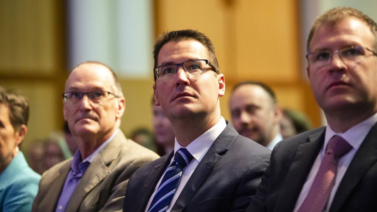 Incoming secretary of Prime Minister and Cabinet Philip Gaetjens, left, and ACT Senator Zed Seselja, centre, listen to Prime Minister Scott Morrison's speech on his vision for the public service. Picture: Jamila Toderas