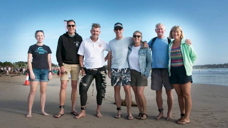In the water: Local competitors at the Broulee Ocean Swim with Jacqui Oberg (support), Jaemin Frazer, Andy Oberg, Jason Pattison , Annette Pattison (support), Neil Kennedy and Geordie Kennedy. Photo: Supplied.