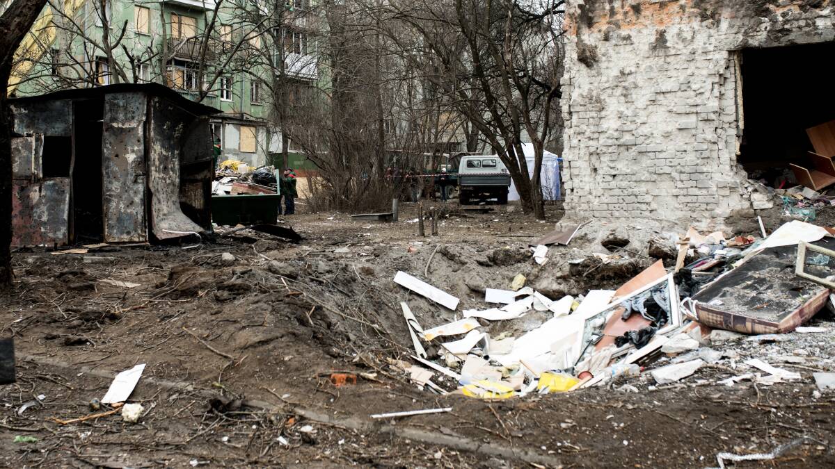 An explosion crater near a high-rise residential building in Zaporizhzhia, Ukraine. Picture Getty Images
