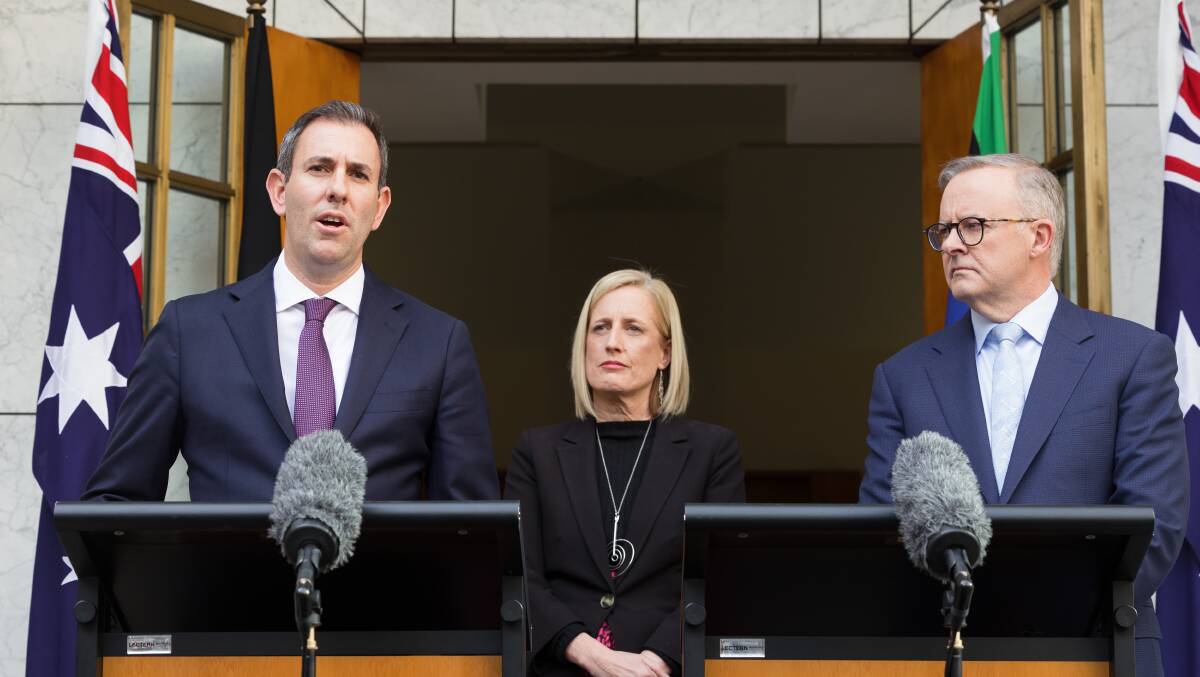 Treasurer Jim Chalmers, Finance Minister Katy Gallagher and Prime Minister Anthony Albanese. Picture by Sitthixay Ditthavong