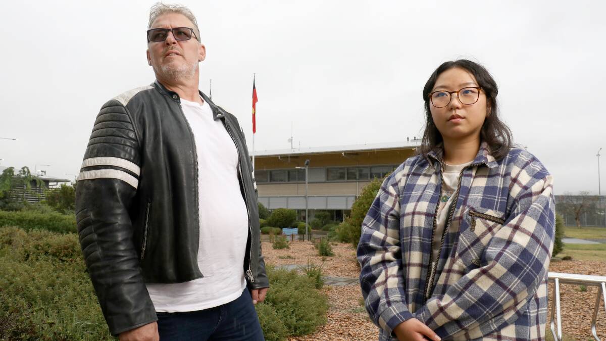 Glenn Tibbitts and Joanne Chang from Prisoners' Aid ACT outside the Alexander Maconochie Centre. Picture by James Croucher
