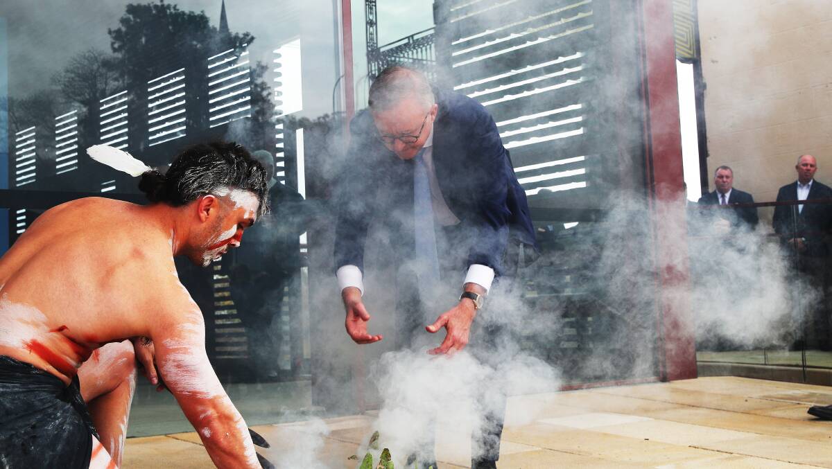 Prime Minister Anthony Albanese at a smoking ceremony in Muswellbrook, traditional land of the Wonnarua/Wanaruah people. Picture by Peter Lorimer