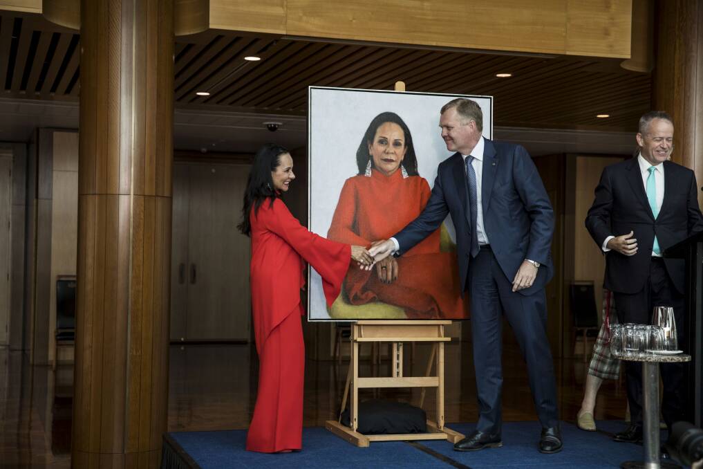 Linda Burney with Speaker Tony Smith and Opposition leader Bill Shorten at the unveiling of her official portrait. Photo: Dominic Lorrimer