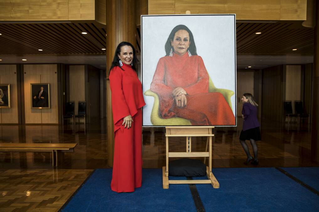 Labor MP Linda Burney with her official portrait by the artist Jude Rae. Photo: Dominic Lorrimer