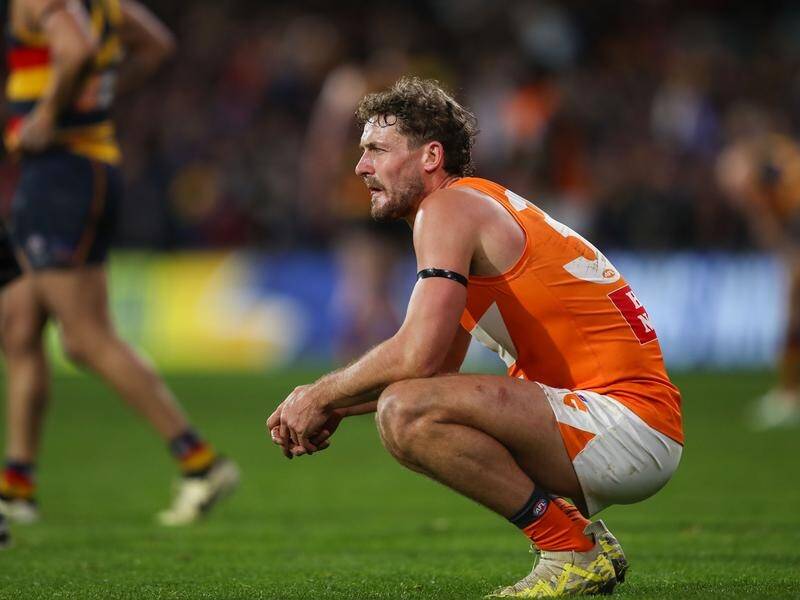 The Giants' Harry Perryman looks disappointed after their defeat by the Crows at Adelaide Oval. (Matt Turner/AAP PHOTOS)