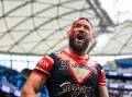 A bloodied Jared Waerea-Hargreaves had an unforgettable milestone match for the Roosters. (Mark Evans/AAP PHOTOS)