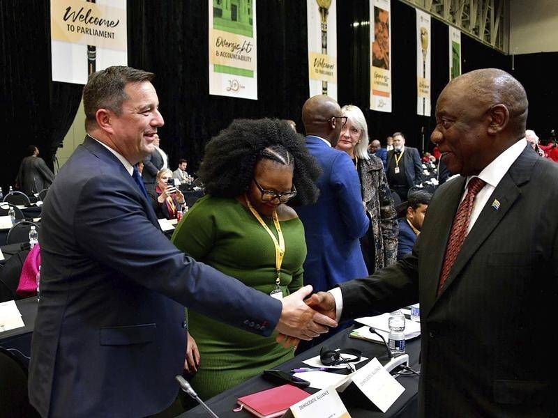South African President Cyril Ramaphosa's ANC is in coalition with John Steenhuisen's DA party. (AP PHOTO)