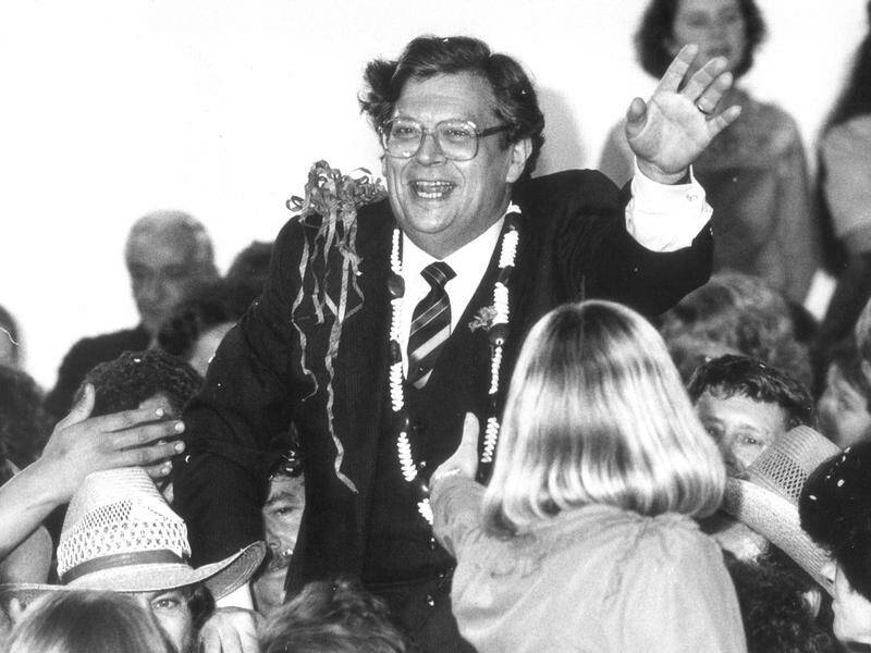 New Zealand prime minister David Lange celebrates victory on election night 17 July 1984. Photo: HANDOUT/NEW ZEALAND HERALD