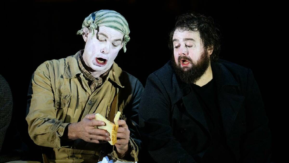 Jud Arthur as the gravedigger and Allan Clayton as Hamlet in the dress rehearsal at the Opera House. (Steven Markham/AAP PHOTOS)