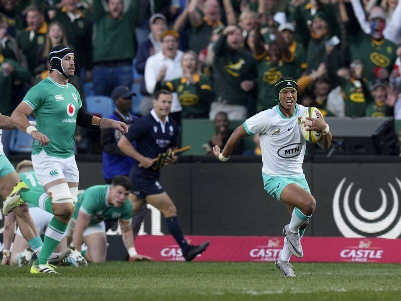 South Africa's Kurt-Lee Arendse breaks to score a try during the win against Ireland in Pretoria. (AP PHOTO)