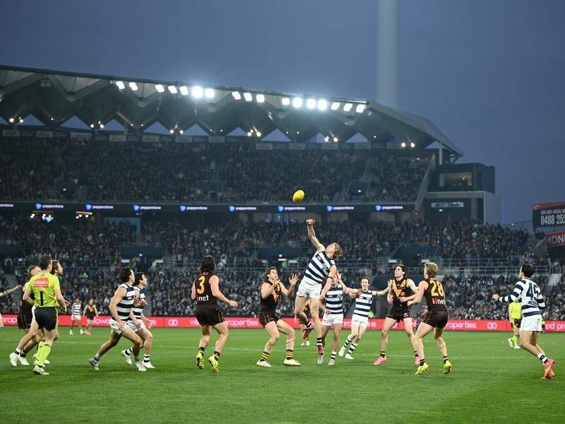 Geelong celebrated the long-awaited return to GMHBA Stadium with a thumping win over Hawthorn. (Joel Carrett/AAP PHOTOS)