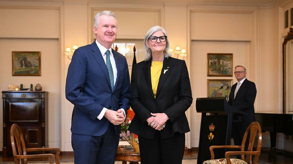 Immigration Minister Tony Burke with Australian Governor-General Sam Mostyn at Government House. (Lukas Coch/AAP PHOTOS)