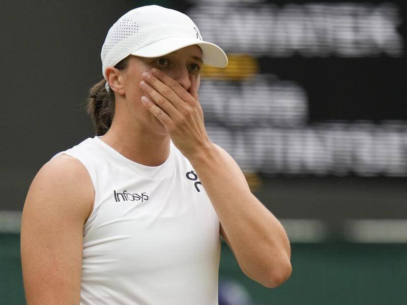Iga Swiatek is aghast after one of the 38 unforced errors she made in losing to Yulia Putintseva. (AP PHOTO)