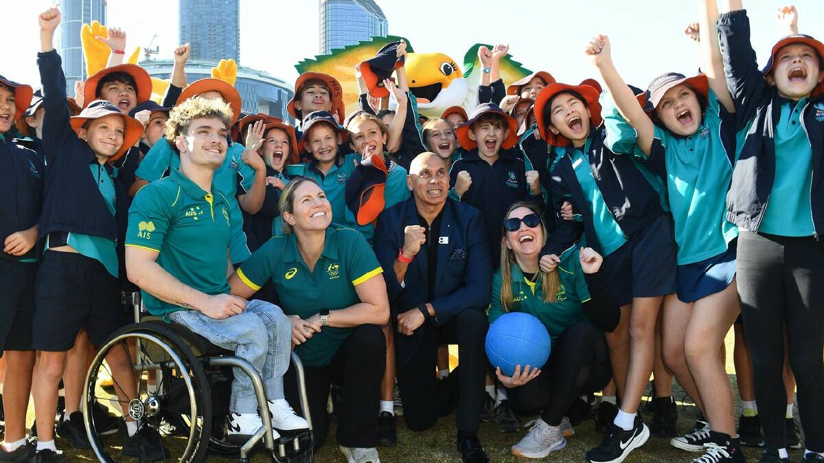 Olympians and Paralympians helped launch the countdown to 2032 in Brisbane on Tuesday. (Jono Searle/AAP PHOTOS)