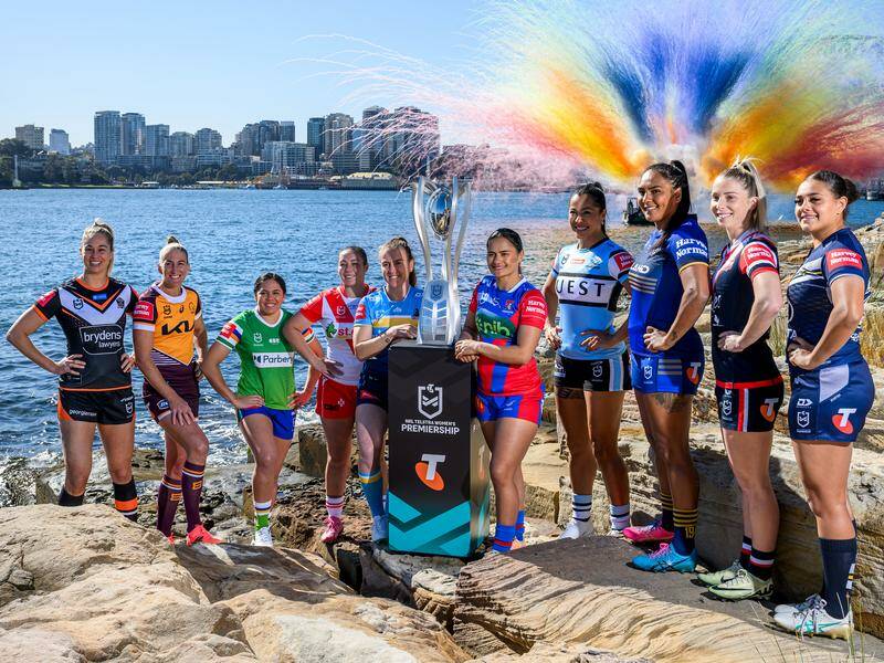 Representatives for the 10 NRLW clubs are captured in photo at the season launch in Sydney. Photo: Bianca De Marchi/AAP PHOTOS