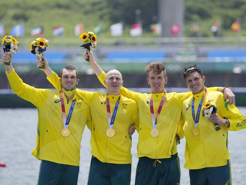 Gold medallists Alexander Purnell, Spencer Turrin, Jack Hargreaves and Alexander Hill in Tokyo. (AP PHOTO)