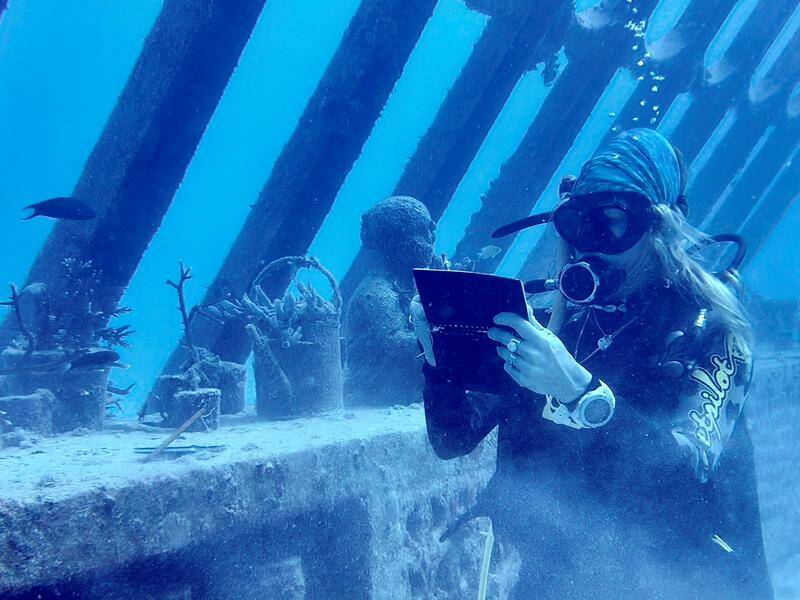 Artist Kerrie Everett Horrocks deep dives to draw inspiration from the Museum of Underwater Art. Photo: HANDOUT/Kerrie Horrocks
